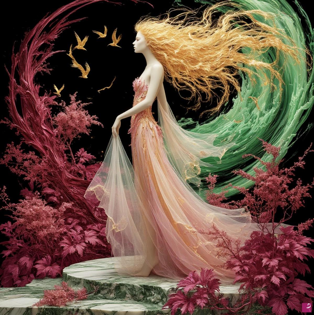 quadri in vendita online - Wind to face girl, birds and many flowers 