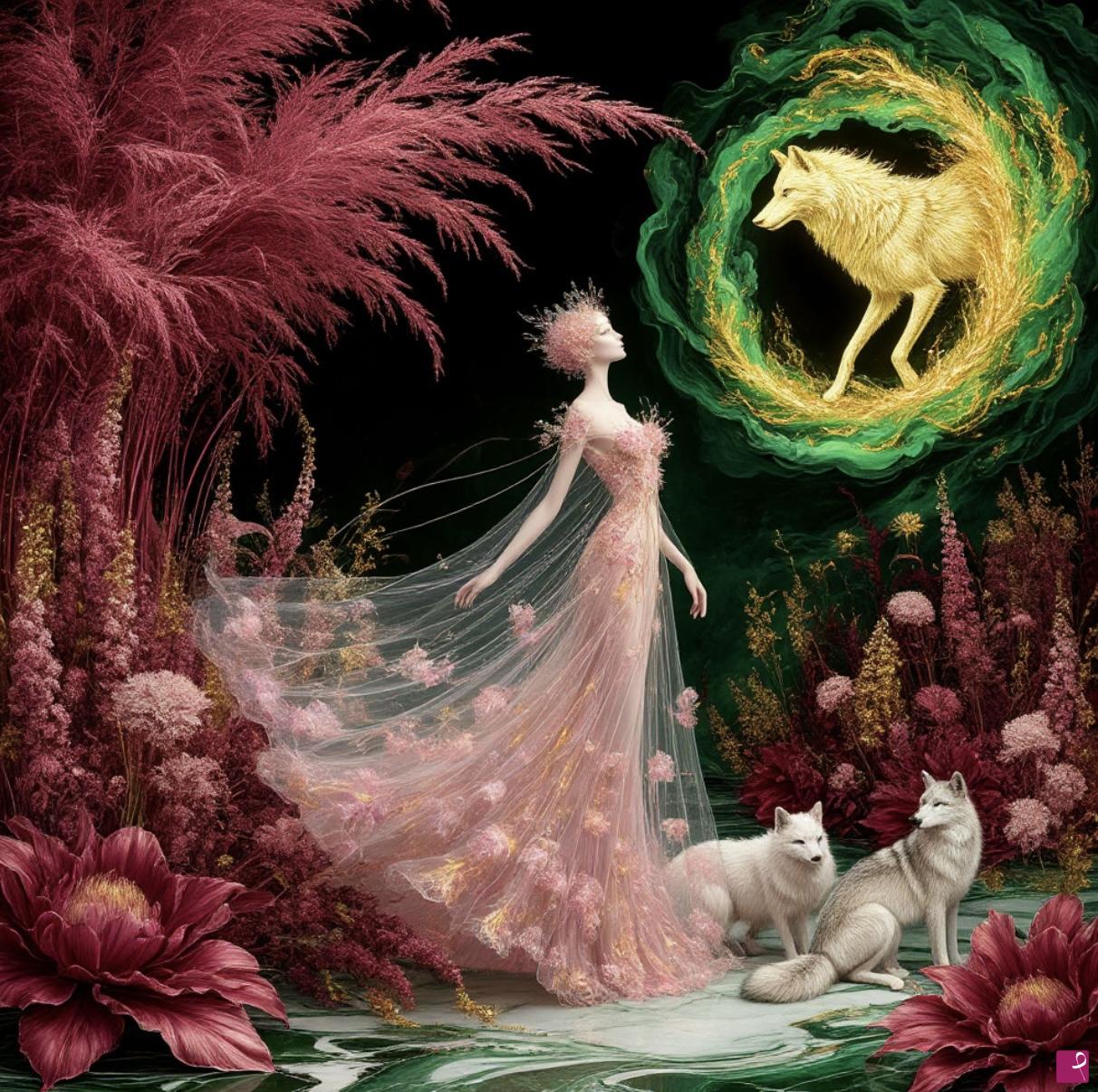 quadri in vendita online - Wolfs and woman and many flowers 