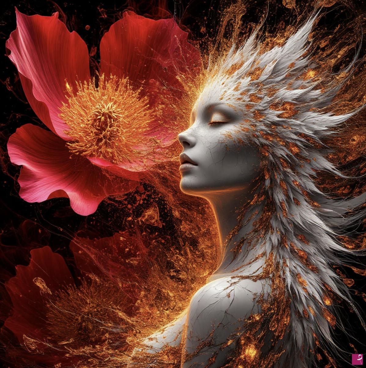 quadri in vendita online - Woman and big red flower 