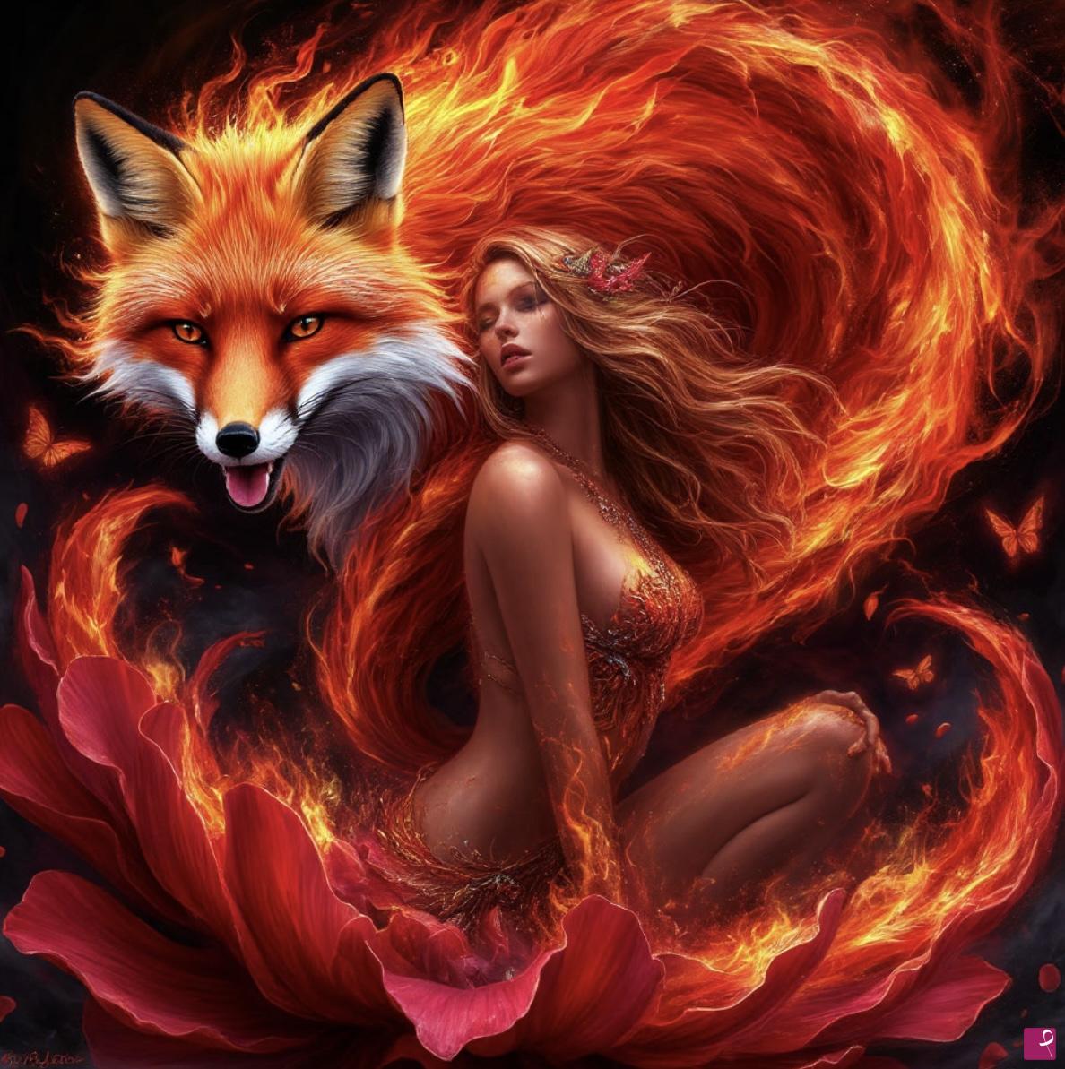 quadri in vendita online - Woman and fox from flower 