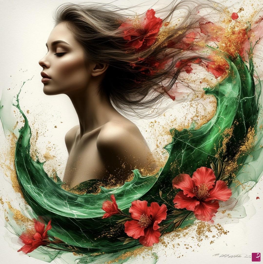 quadri in vendita online - Woman and green wave with flowers 