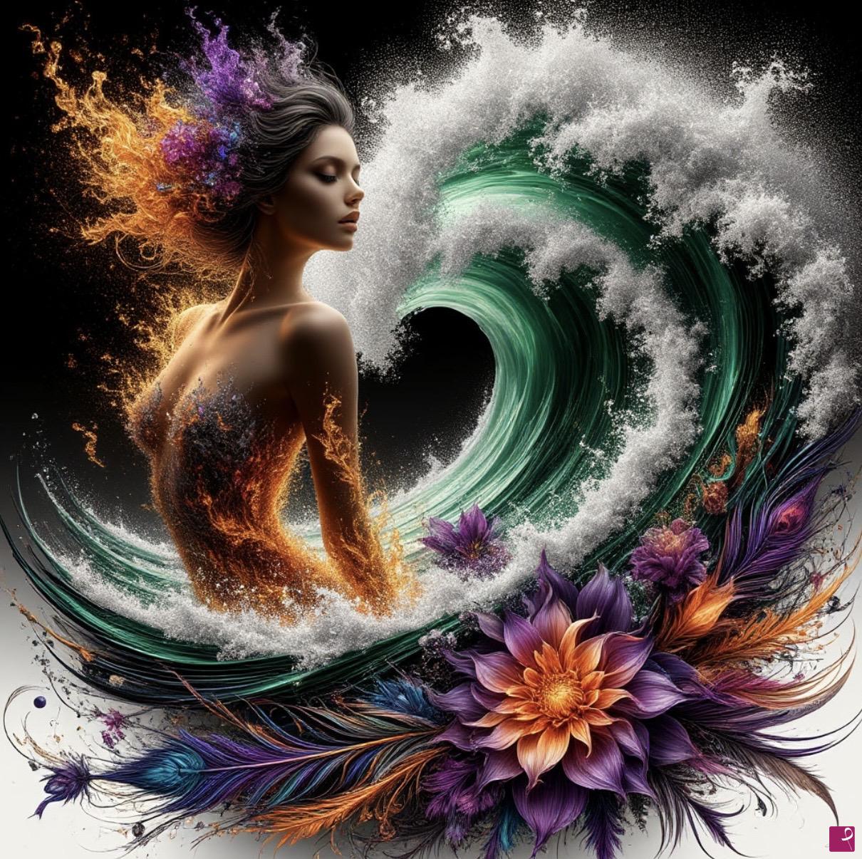 quadri in vendita online - Woman and ocean waves, flowers 