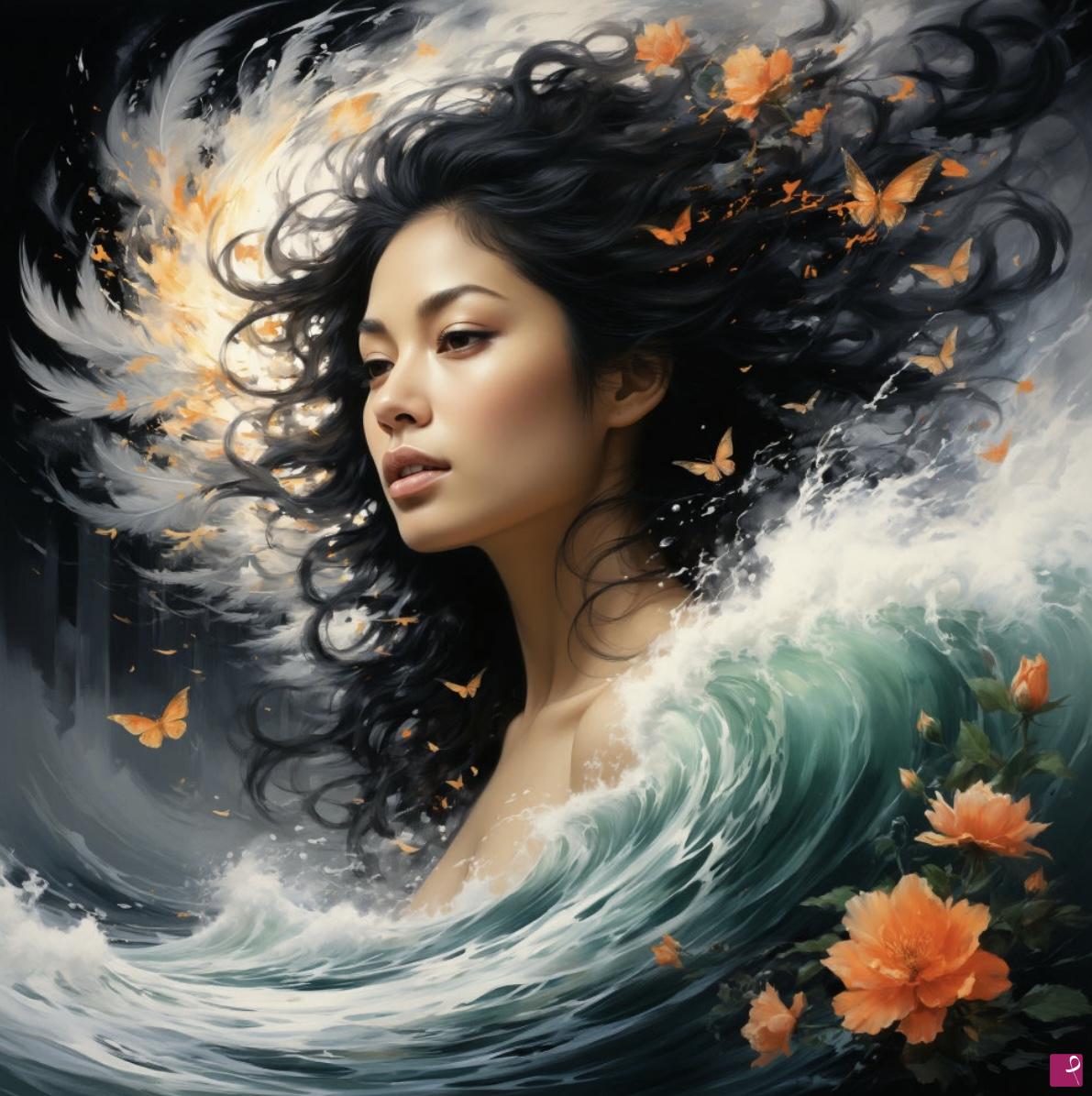 quadri in vendita online - Woman and sea waves, butterflies, flowers 