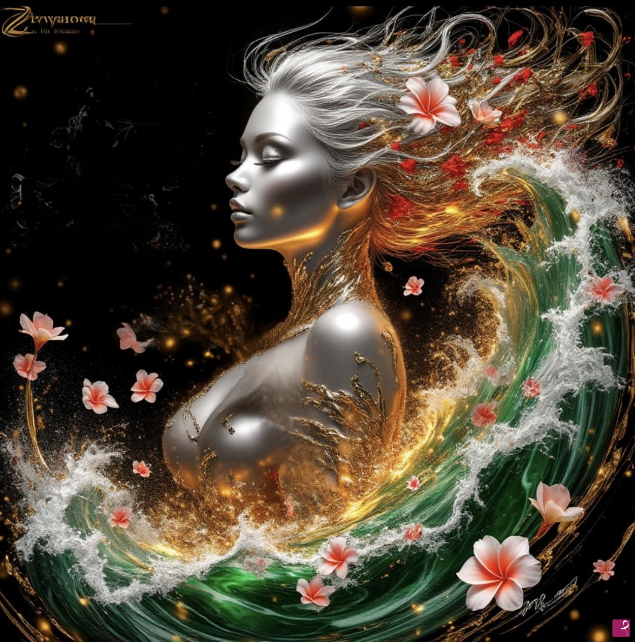 quadri in vendita online - Woman and sea waves, flowers 