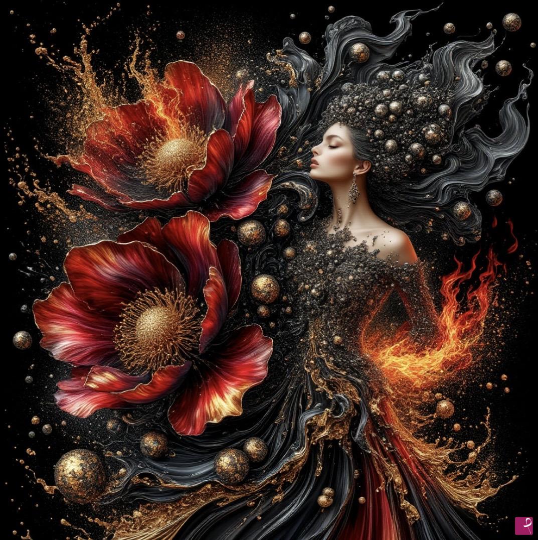 quadri in vendita online - Woman and two red flowers 