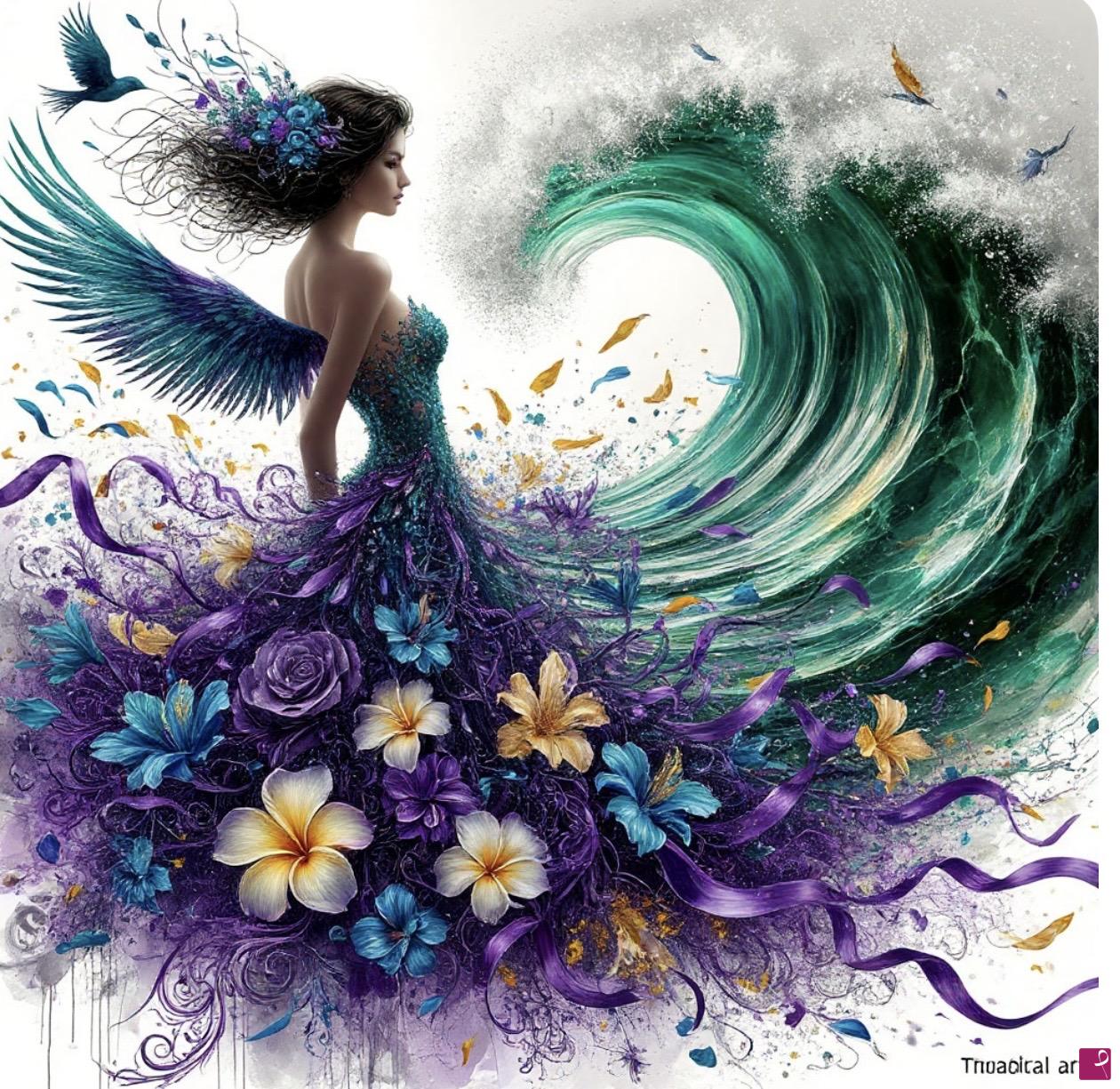 quadri in vendita online - Woman-angel, dress with flowers, in sea waves