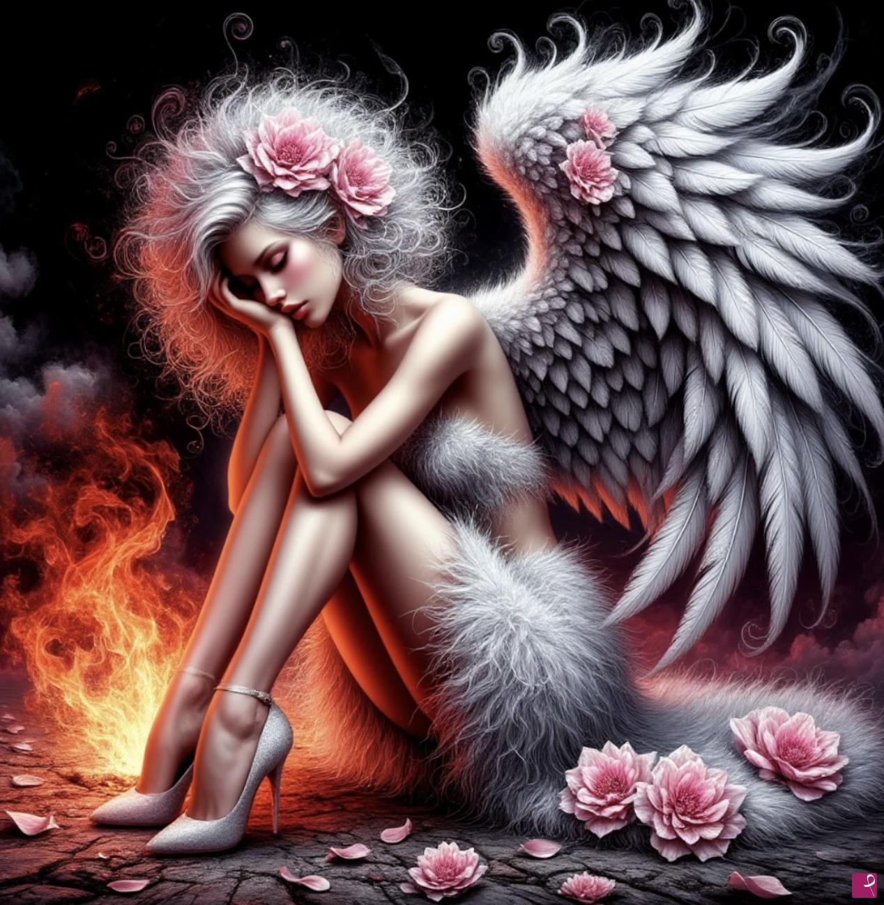 quadri in vendita online - Woman angel in sorrow, fire 