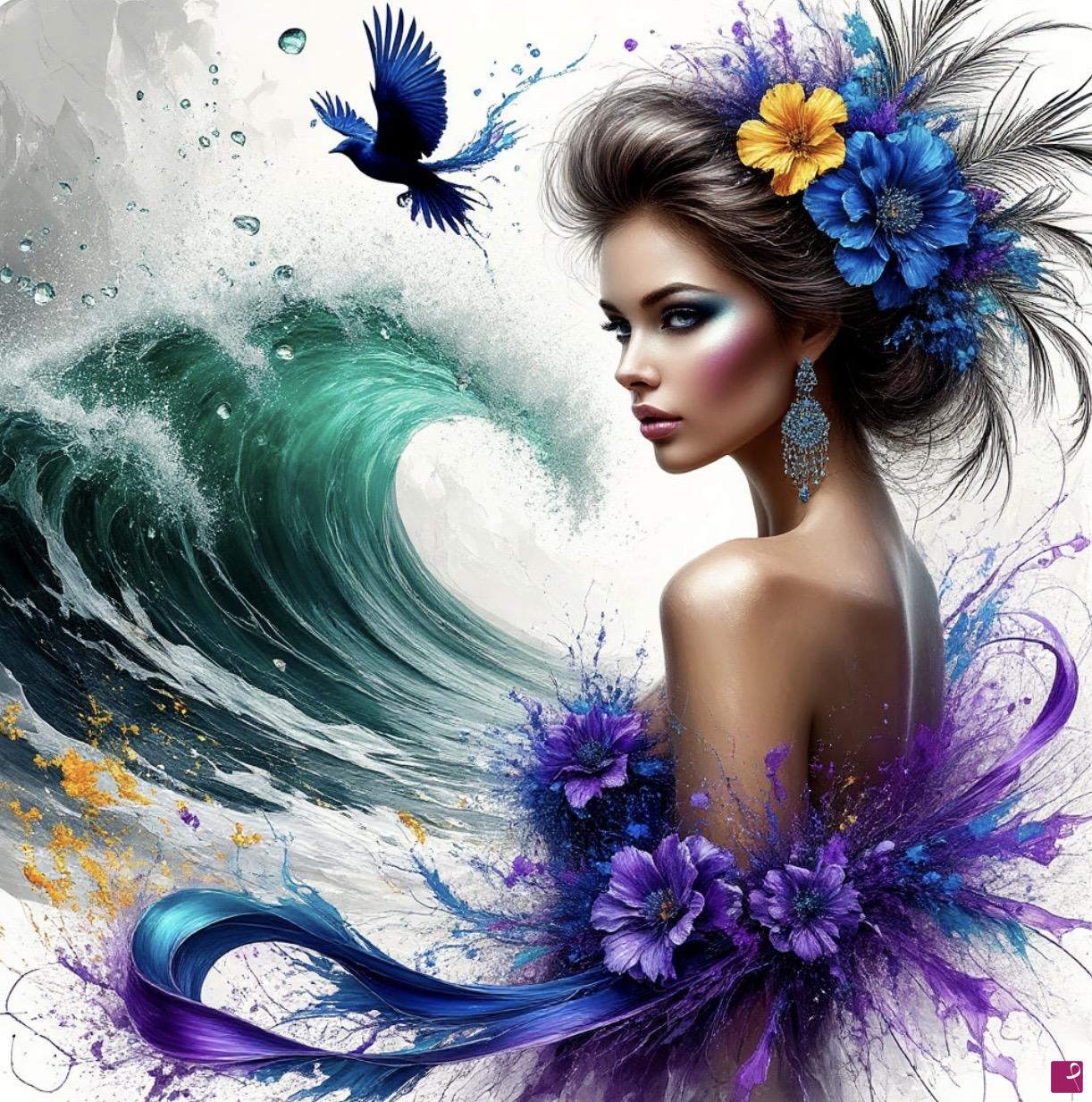 quadri in vendita online - Woman, blue belt, flowers and sea waves 