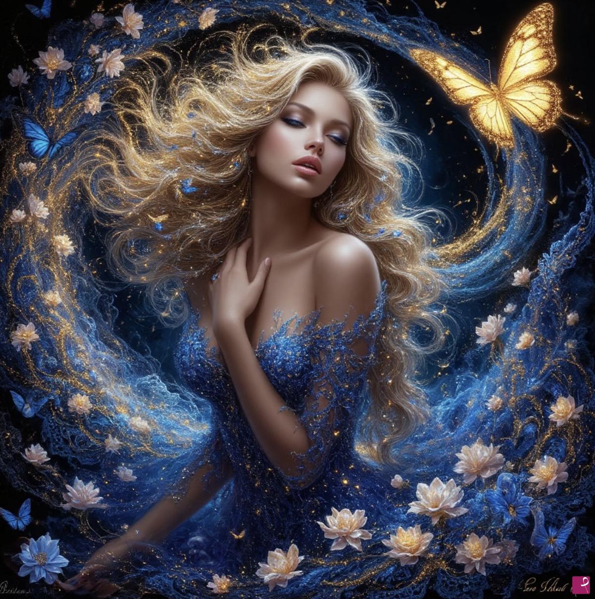quadri in vendita online - Woman, butterflies, flowers 