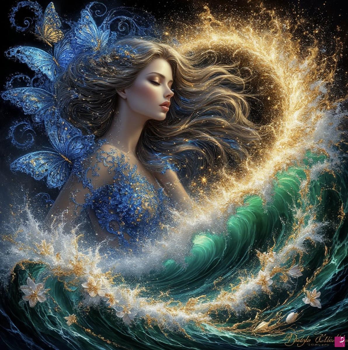 quadri in vendita online - Woman-butterflies, sea waves and flowers 