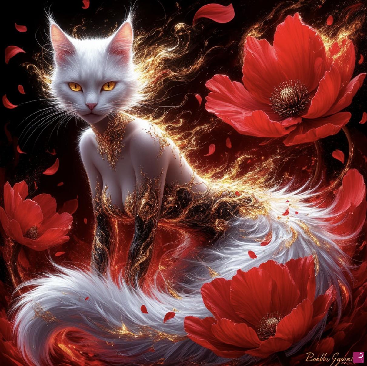 quadri in vendita online - Woman-cat and big red flowers 