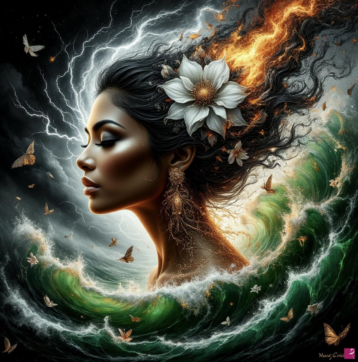 quadri in vendita online - Woman, fire, butterflies and flower