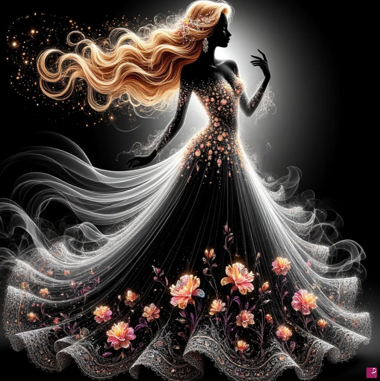 quadri in vendita online - Woman, gold ,black colour and flowers 