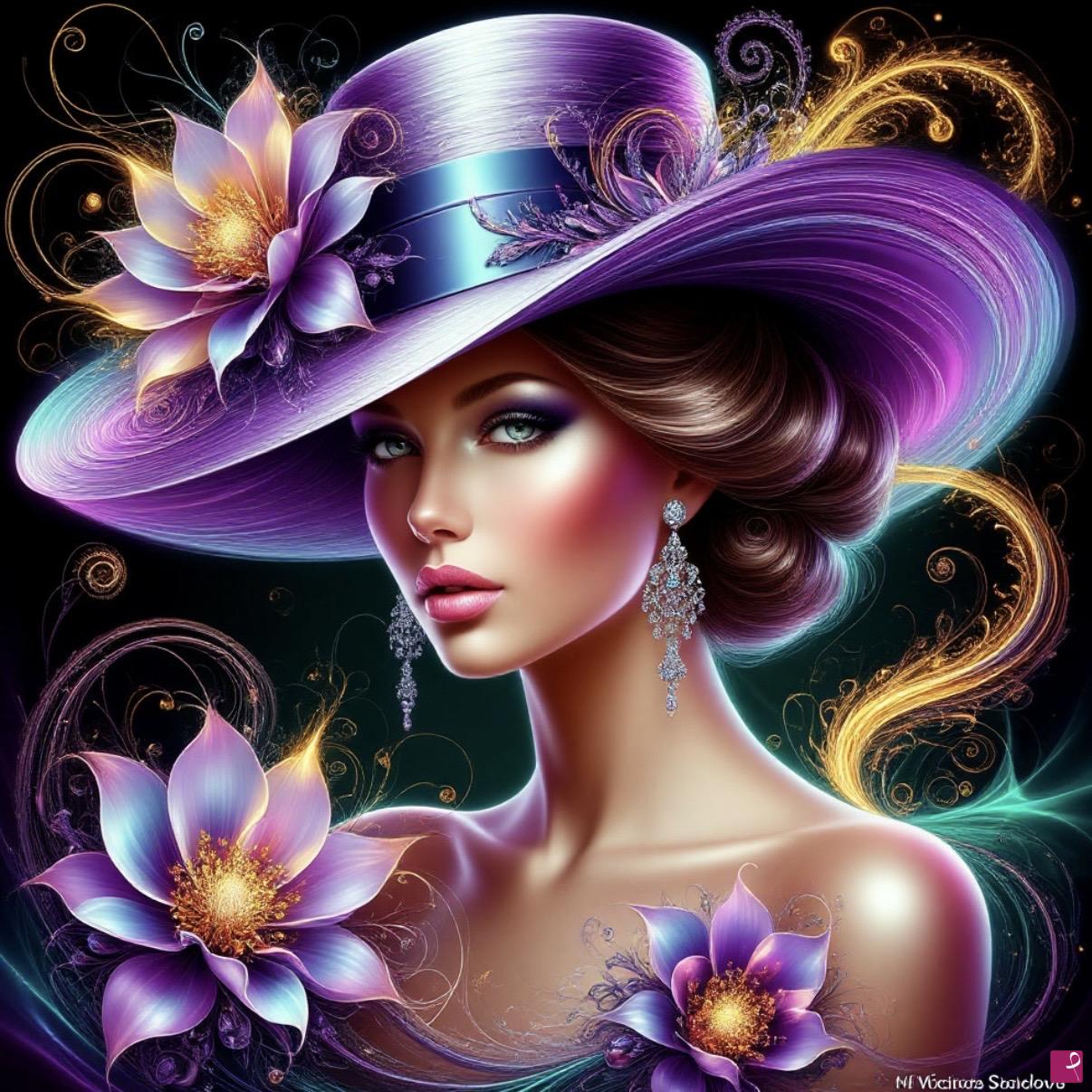 quadri in vendita online - Woman in big hat on head 