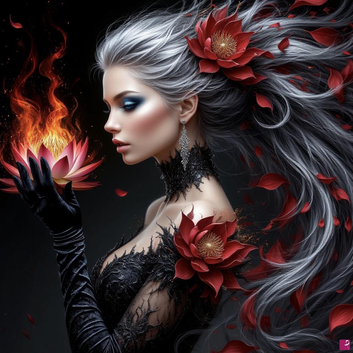quadri in vendita online - Woman in black and rose 