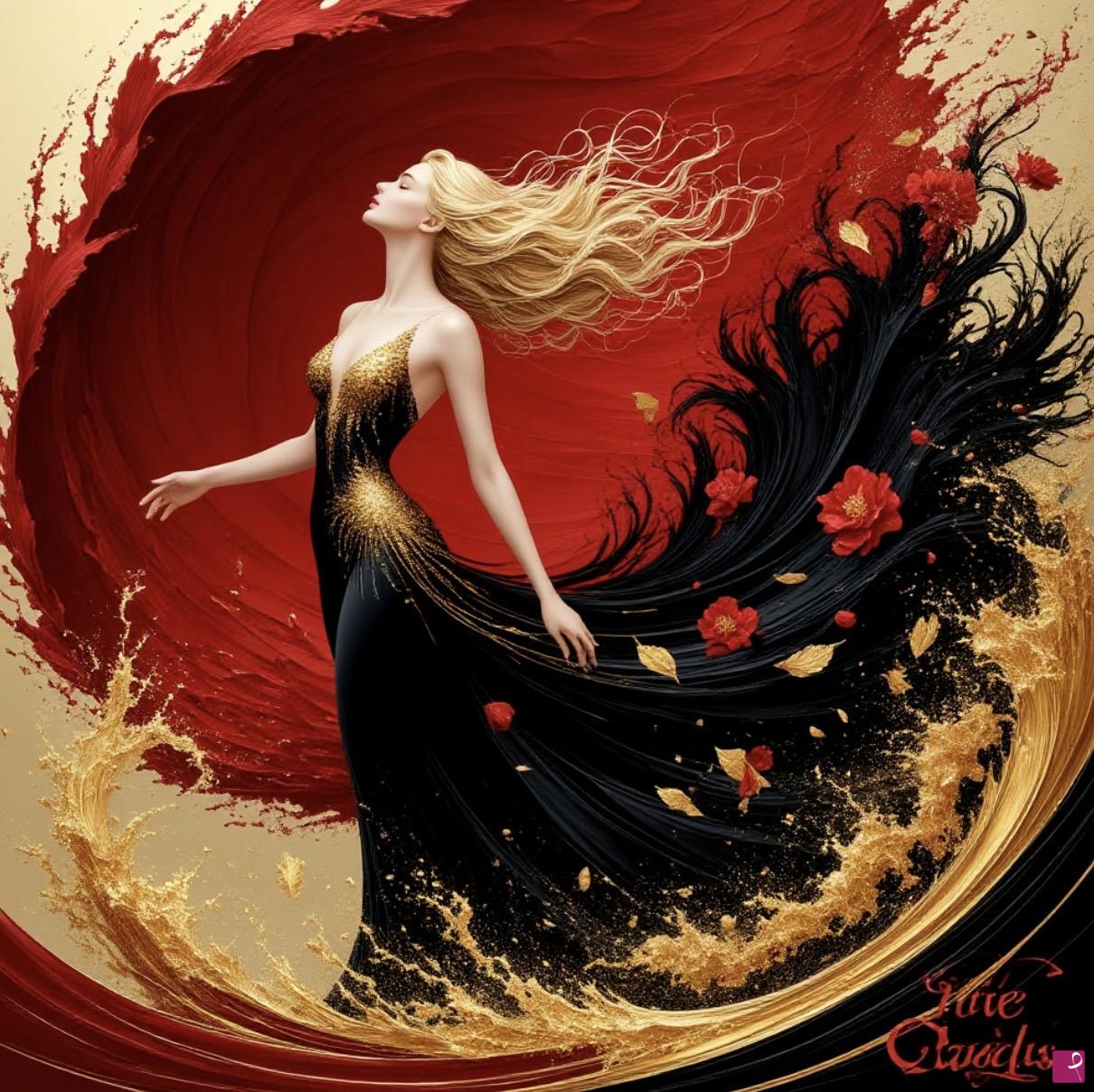 quadri in vendita online - Woman in black dress with flowers 