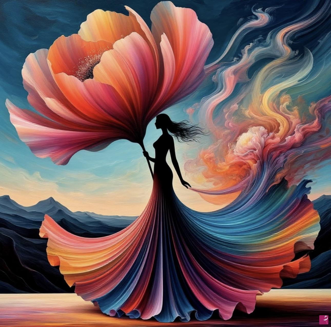 quadri in vendita online - Woman in colour dress and big flower 