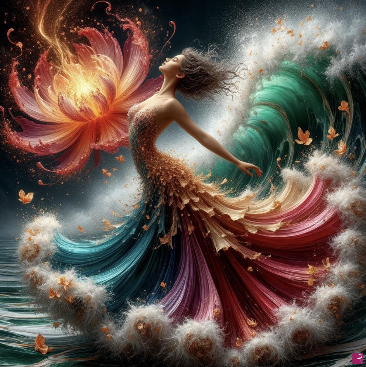 quadri in vendita online - Woman in dress and a tsunami around a beautiful girl