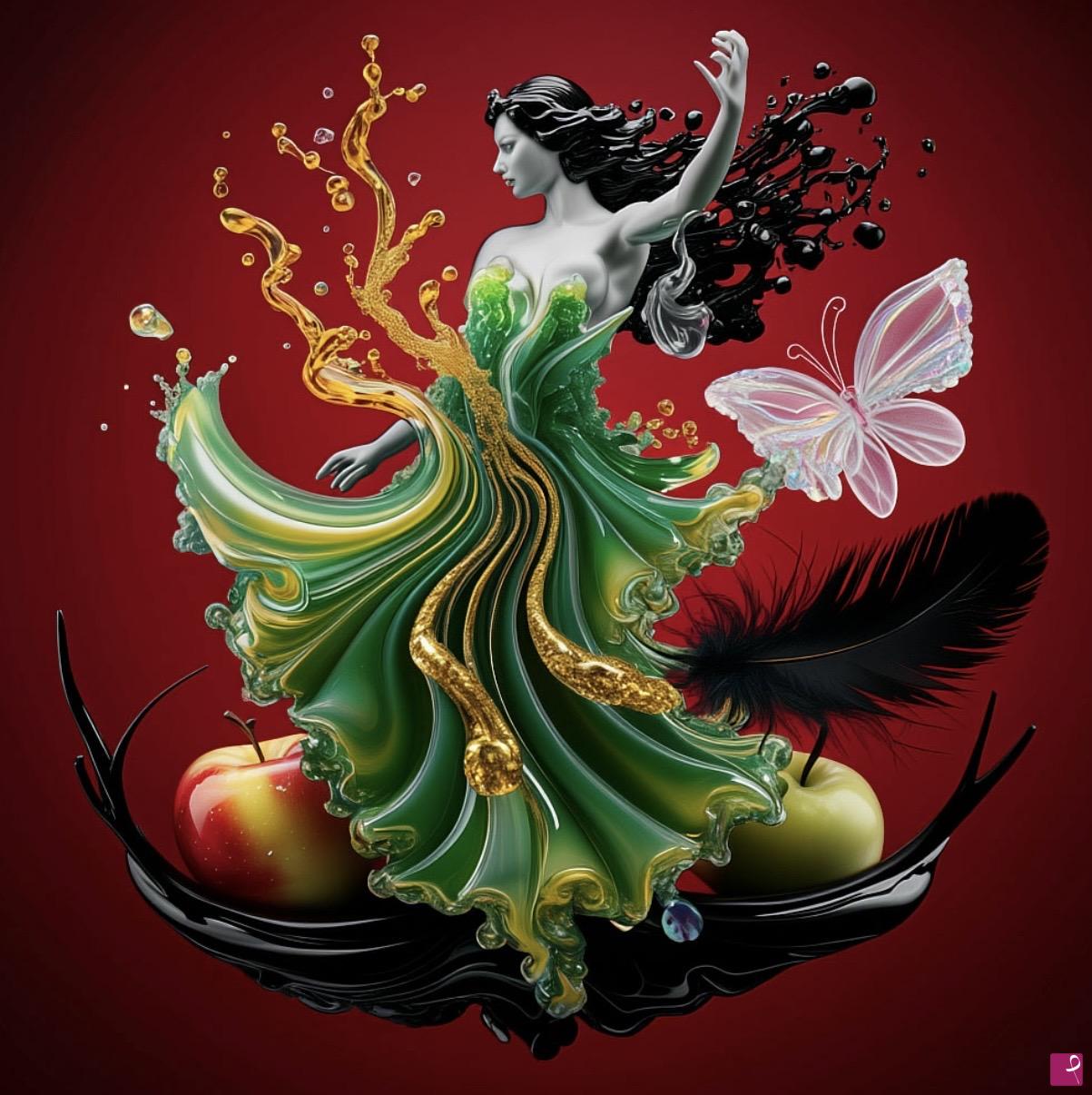 quadri in vendita online - Woman in dress, apples and butterflies 