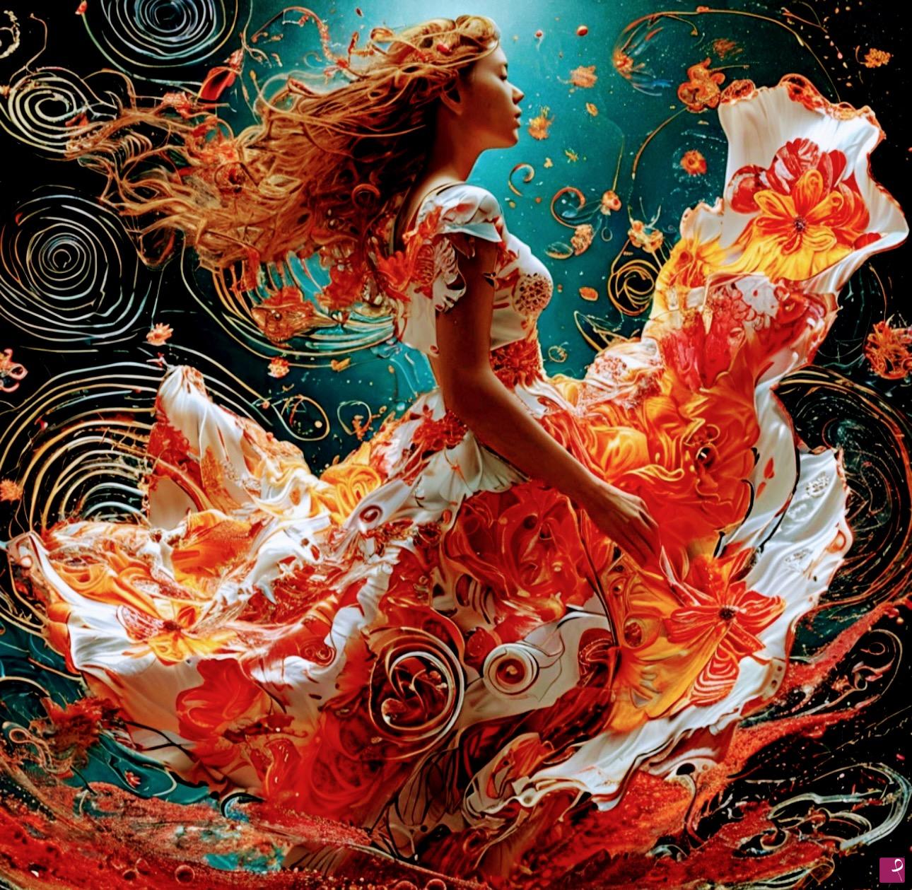 quadri in vendita online - Woman in dress, strong wind 