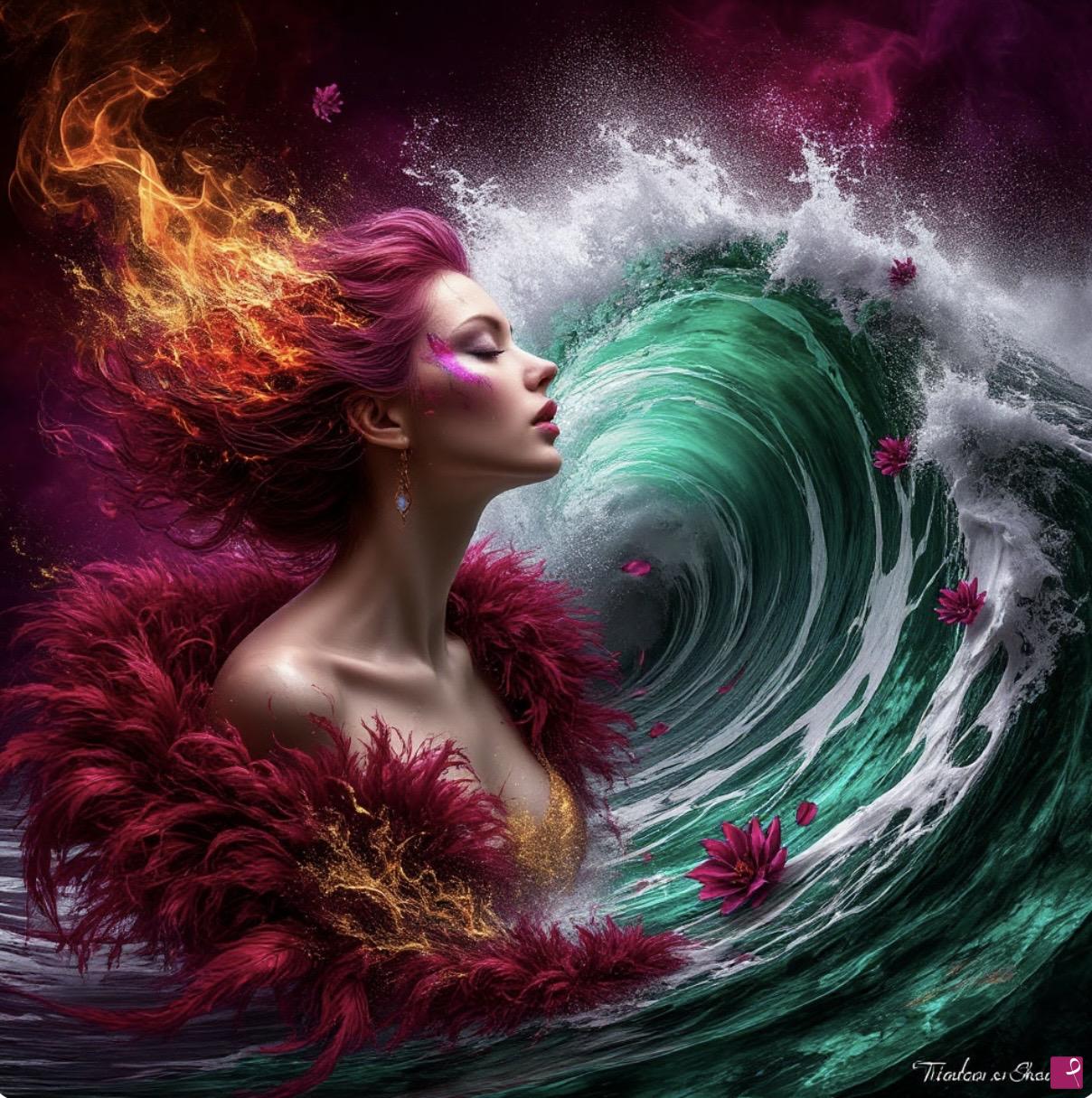 quadri in vendita online - Woman in fire in head, sea waves 