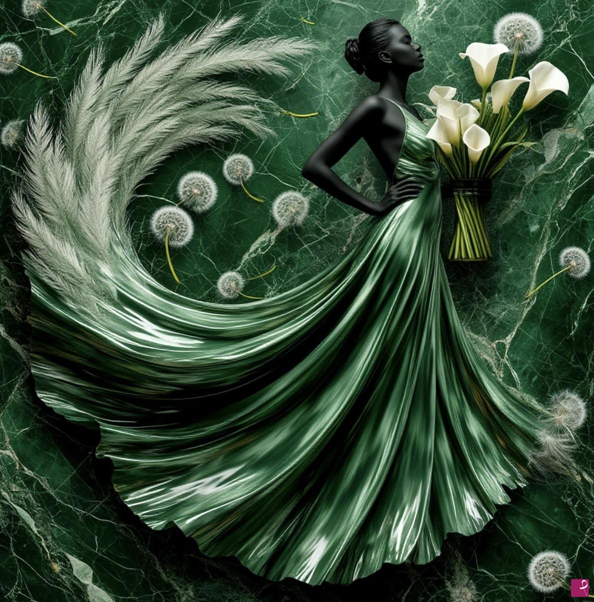 quadri in vendita online - Woman in green dress and lily flowers