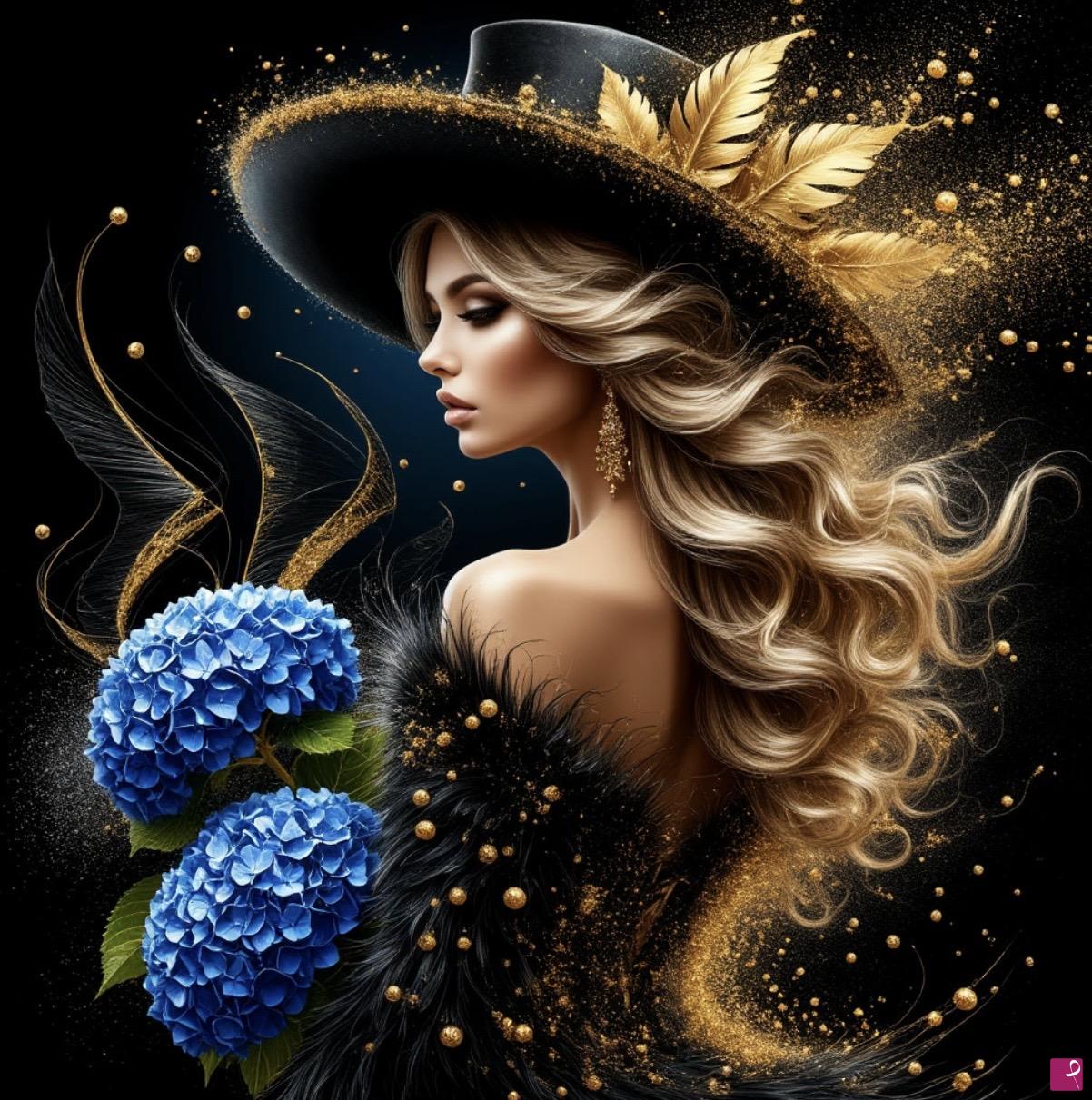 quadri in vendita online - Woman in hat and blue flowers 
