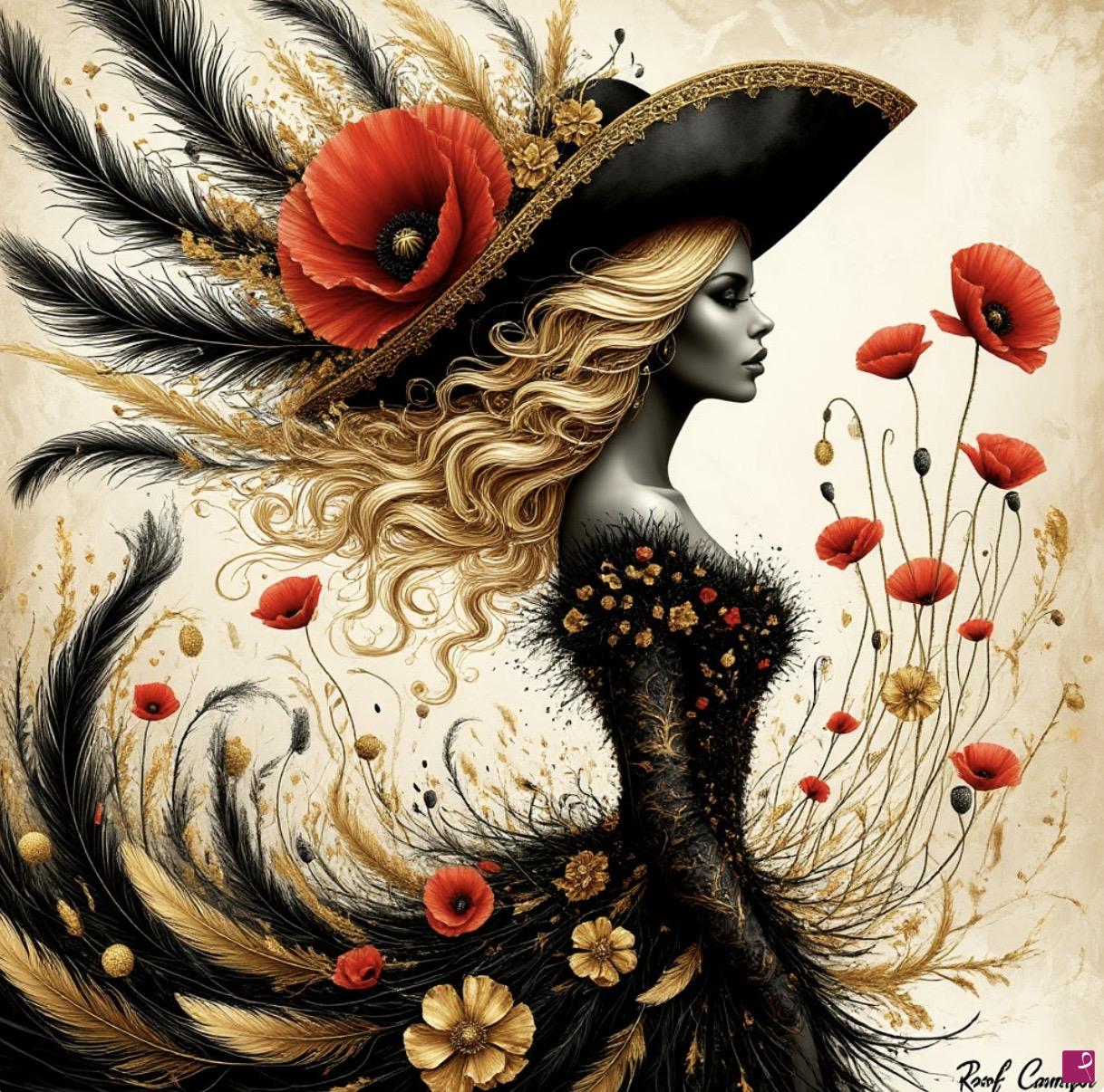 quadri in vendita online - Woman in in poppy flowers