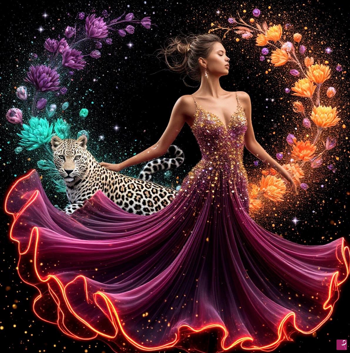 quadri in vendita online - Woman in long dress and snow leopard