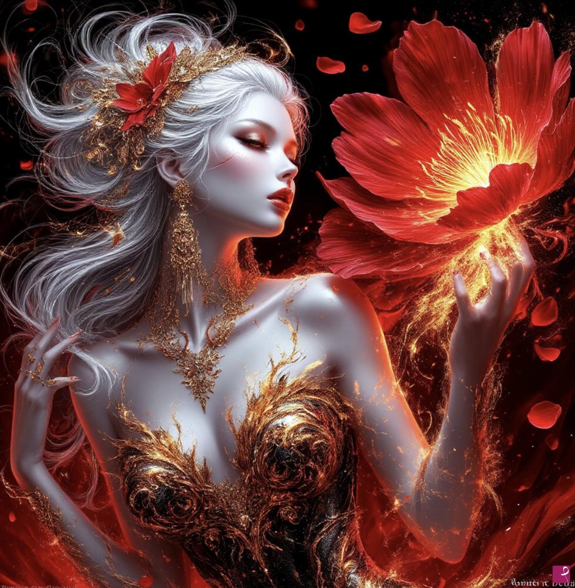 quadri in vendita online - Woman in open dress, gold and big red flower