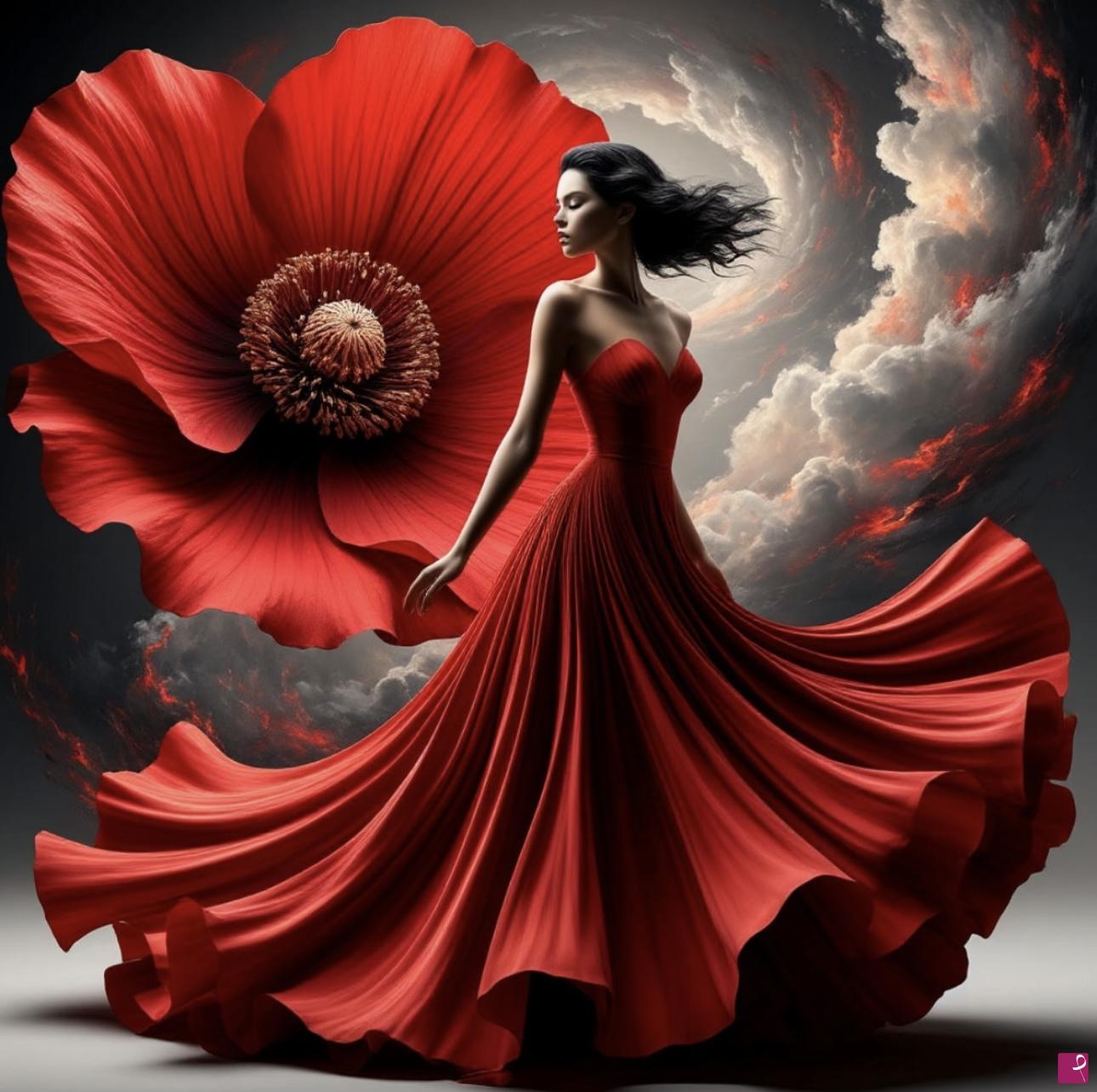 quadri in vendita online - Woman in red dress and flower