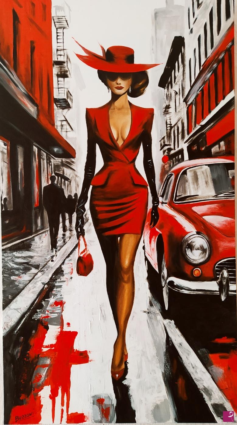 quadri in vendita online - Woman in red olio su tela by Buzzoni F