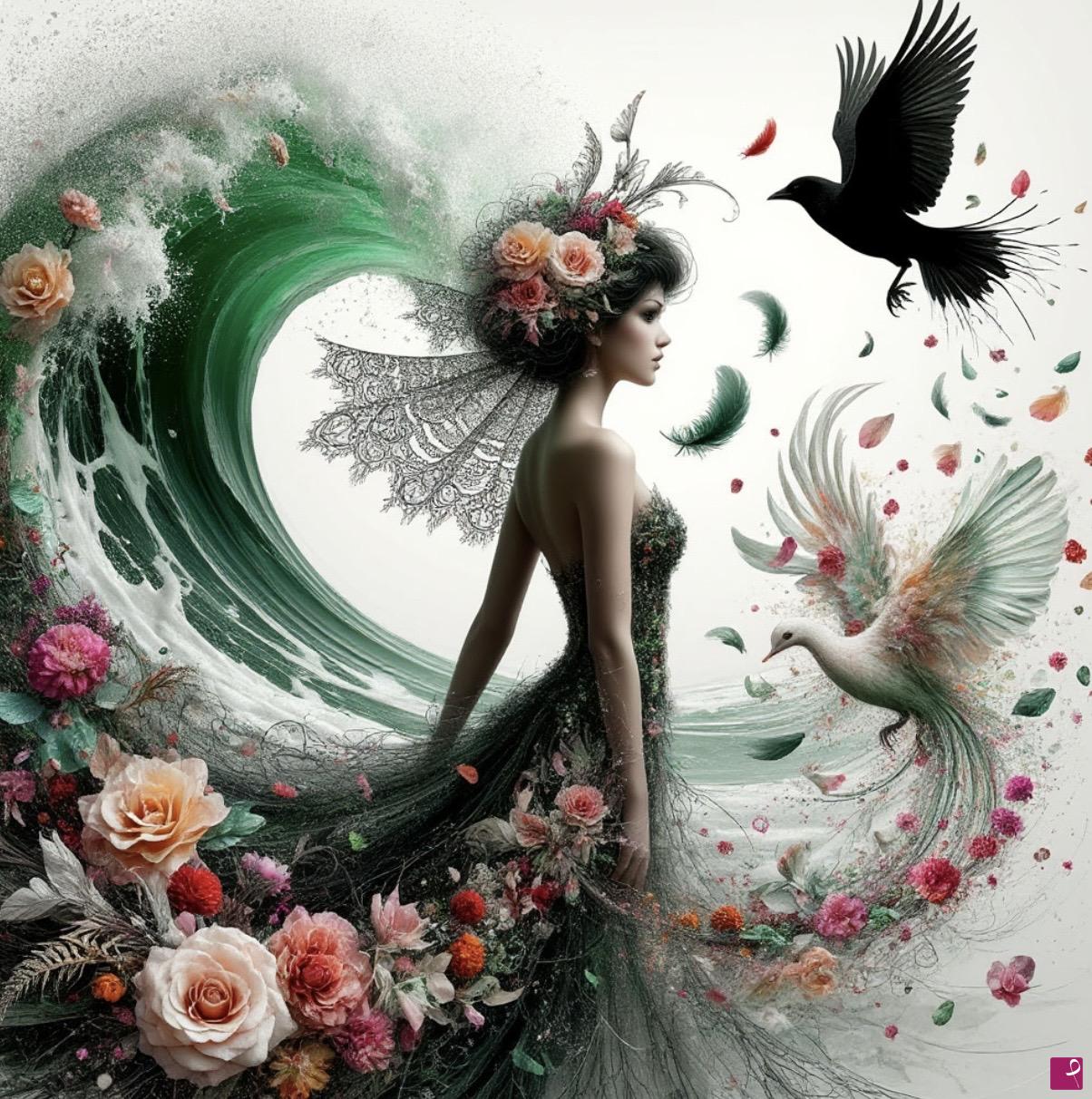 quadri in vendita online - Woman in sea waves, black and white birds