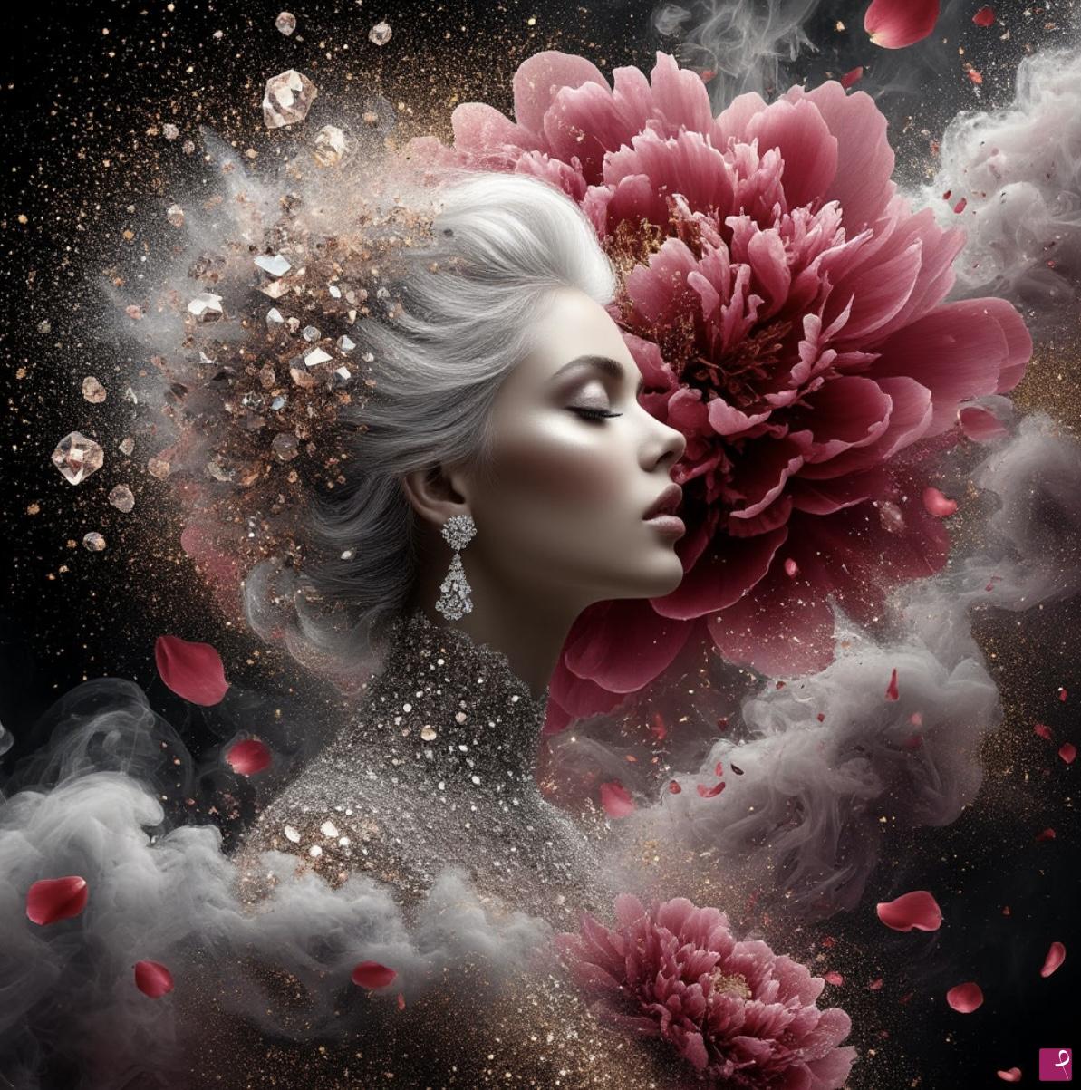 quadri in vendita online - Woman in sky and big flower 