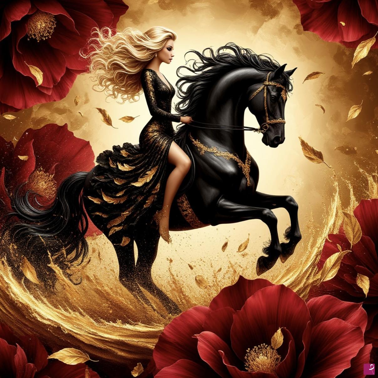 quadri in vendita online - Woman on black horse 