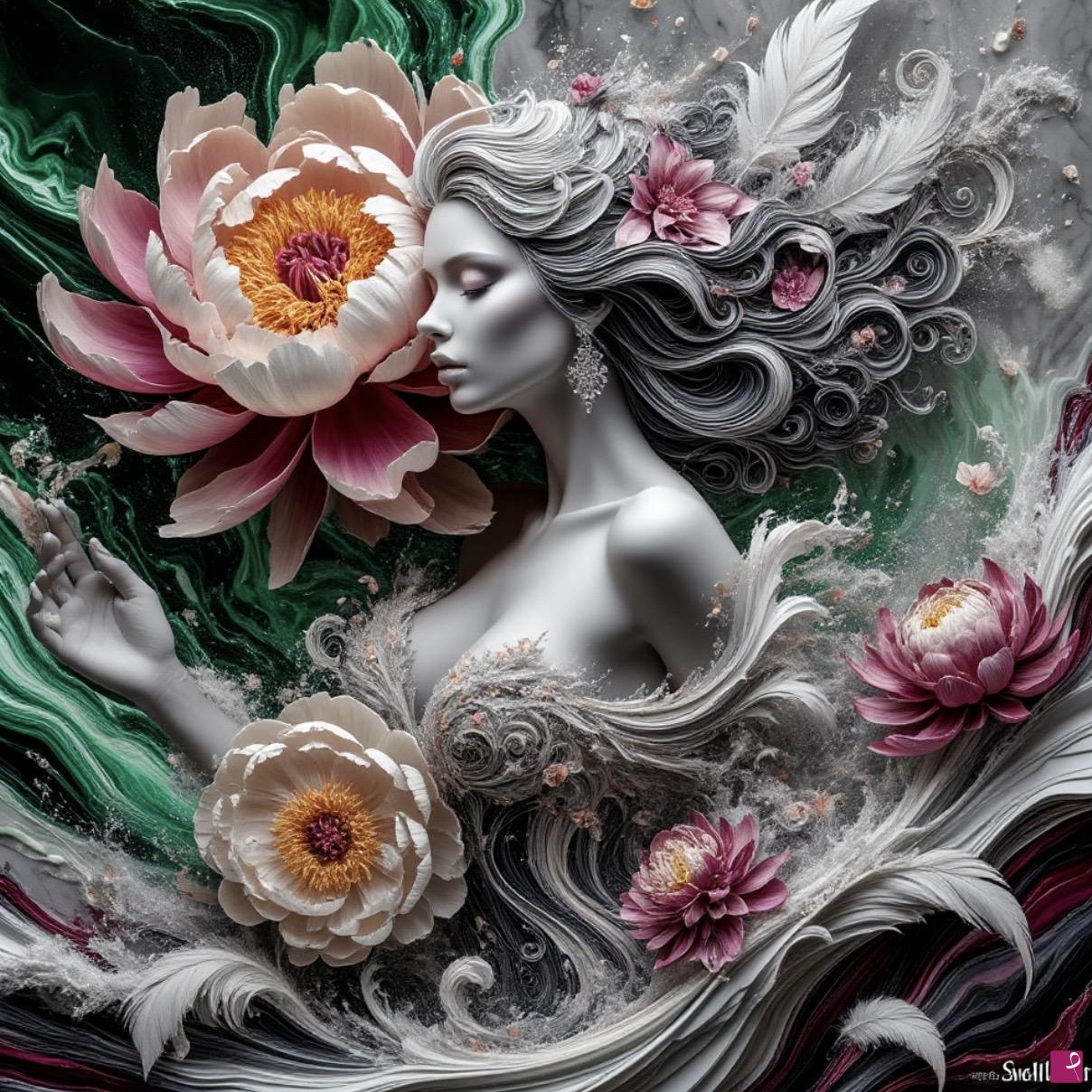 quadri in vendita online - Woman, peonies flowers