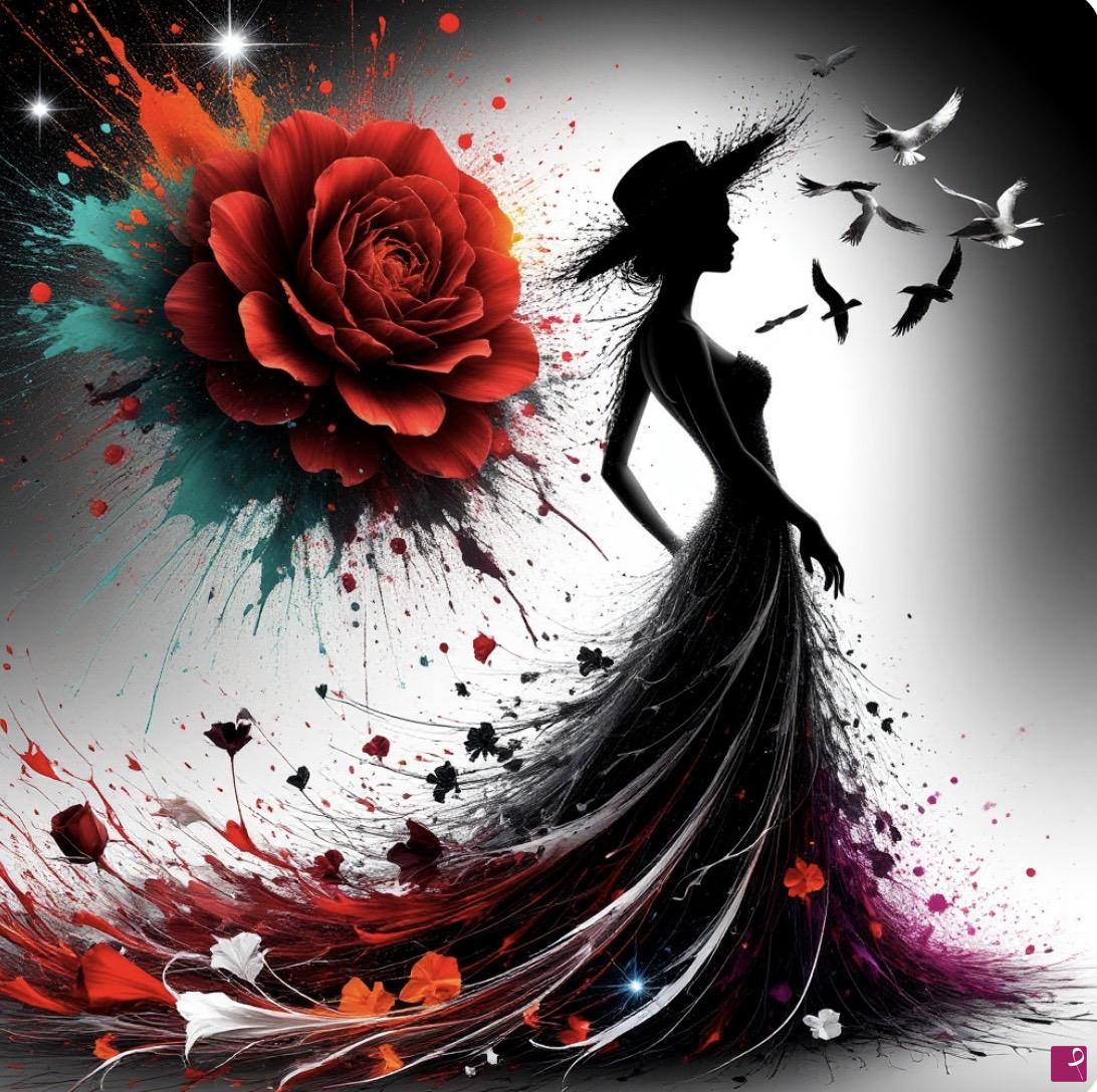 quadri in vendita online - Woman, rad flower and birds
