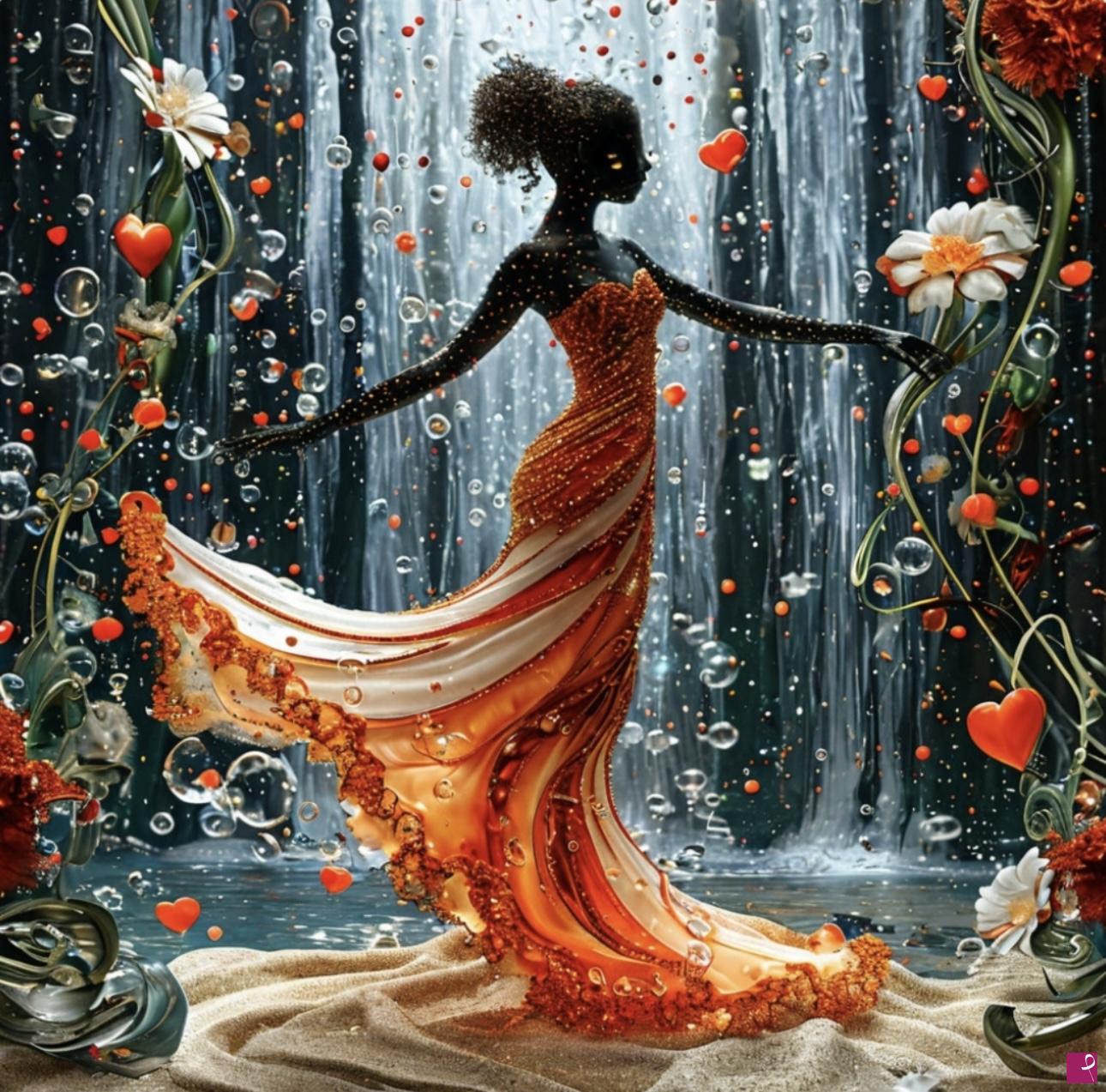 quadri in vendita online - Woman, waterfall, water bubbles and flowers 