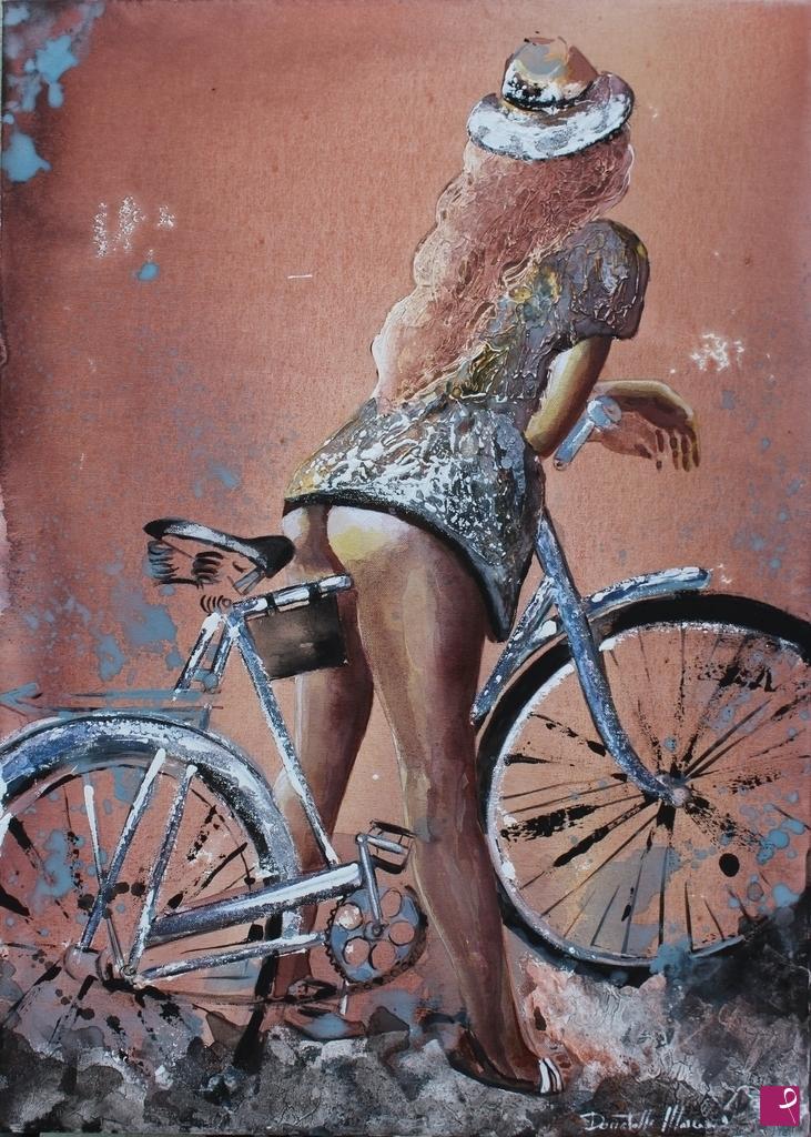 quadri in vendita online - woman with hat ... and ... her bike