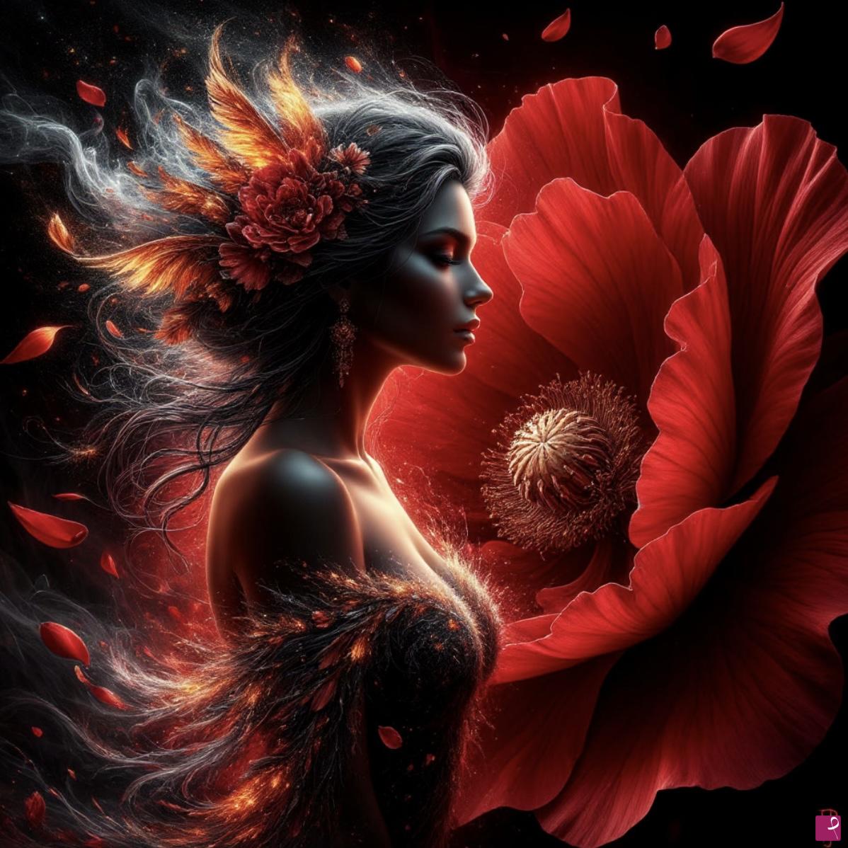 quadri in vendita online - Women and big flower