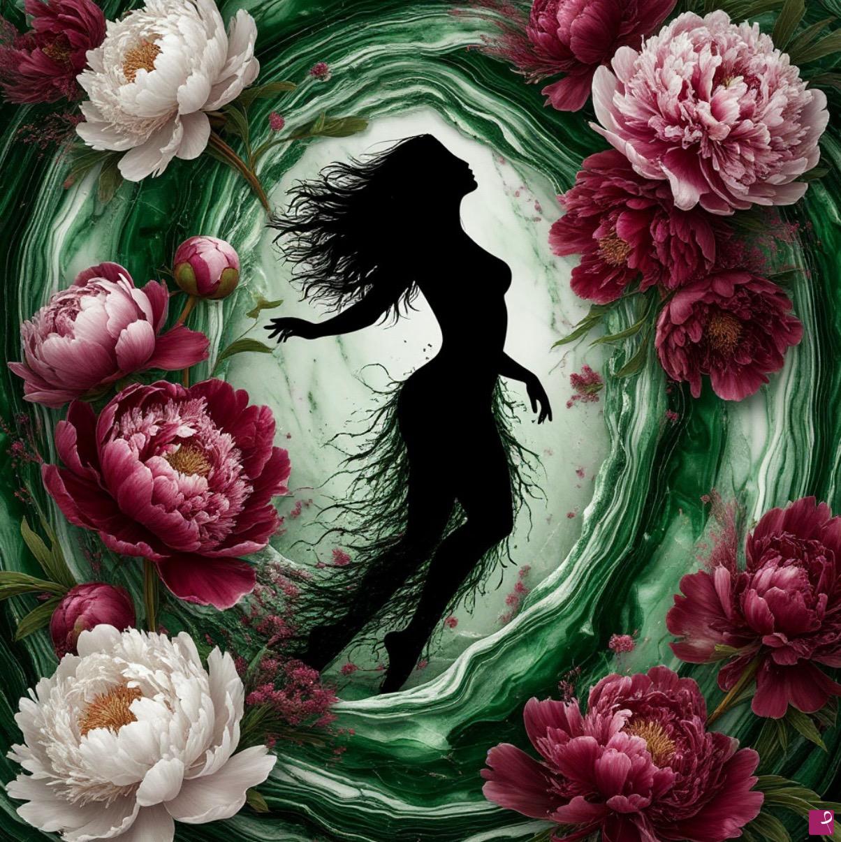 quadri in vendita online - Women, big flowers, green marble 2