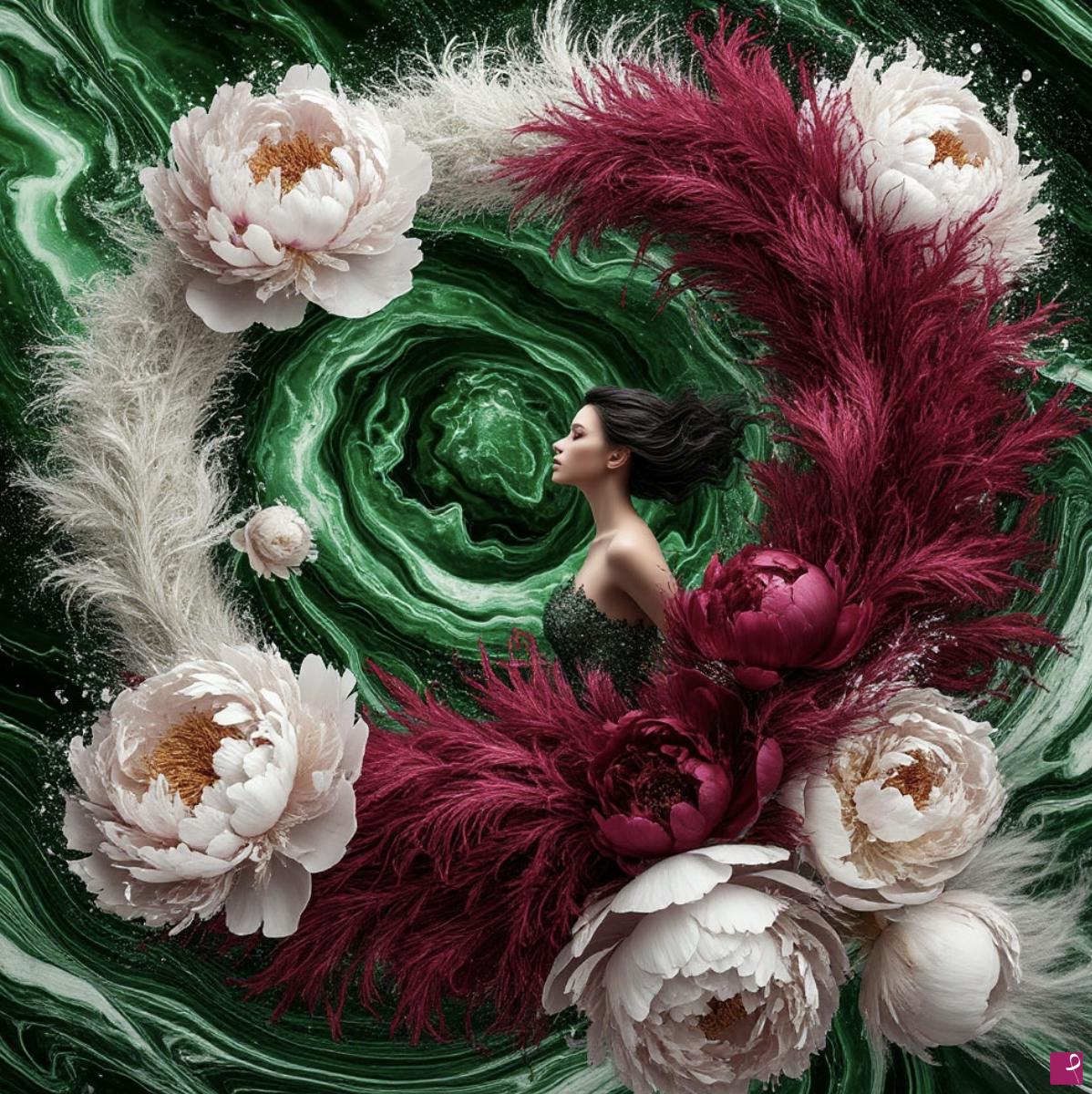 quadri in vendita online - Women, big flowers, green marble 3