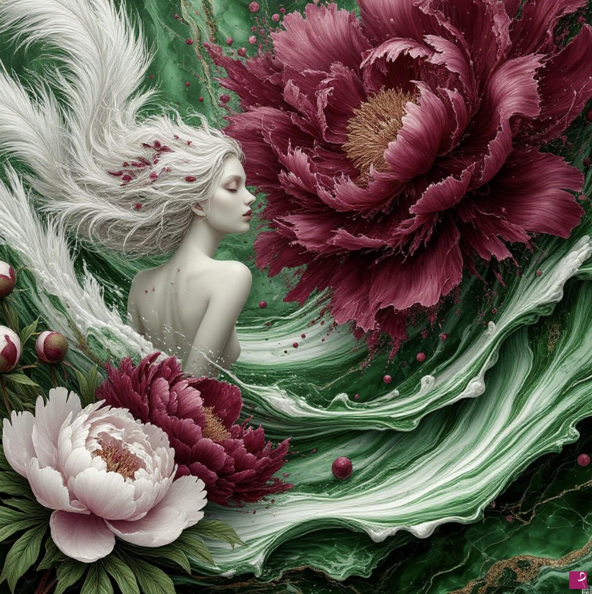 quadri in vendita online - Women, big flowers, green marble 