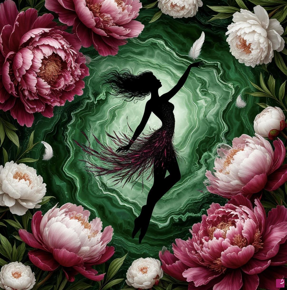 quadri in vendita online - Women, big flowers, green marble 4