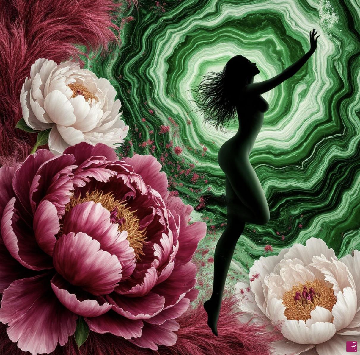 quadri in vendita online - Women, big flowers, green marble 5