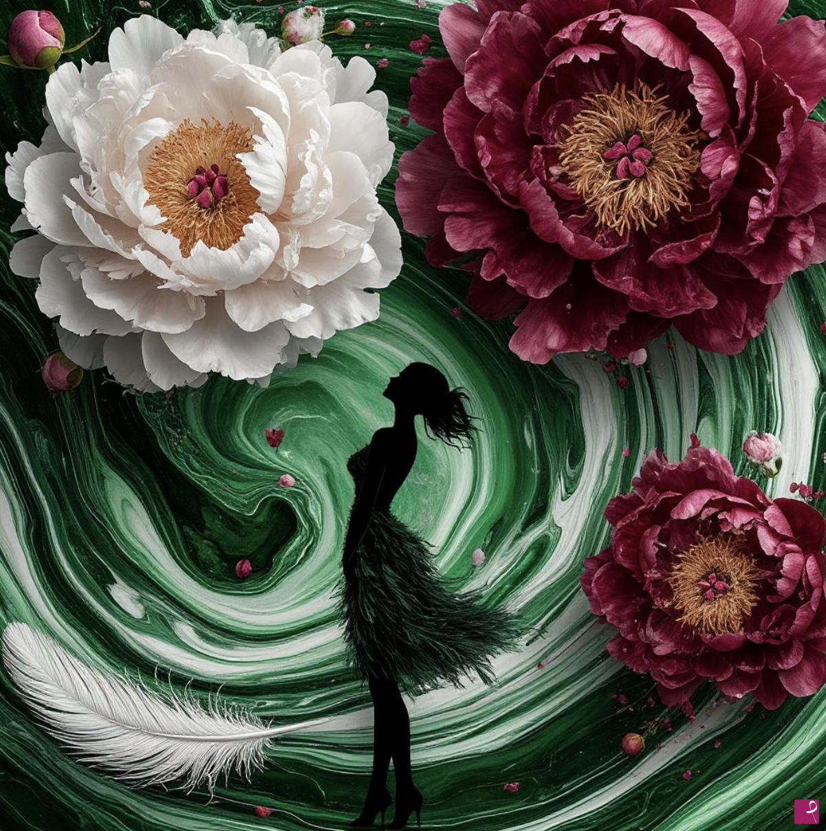 quadri in vendita online - Women, big flowers, green marble 6
