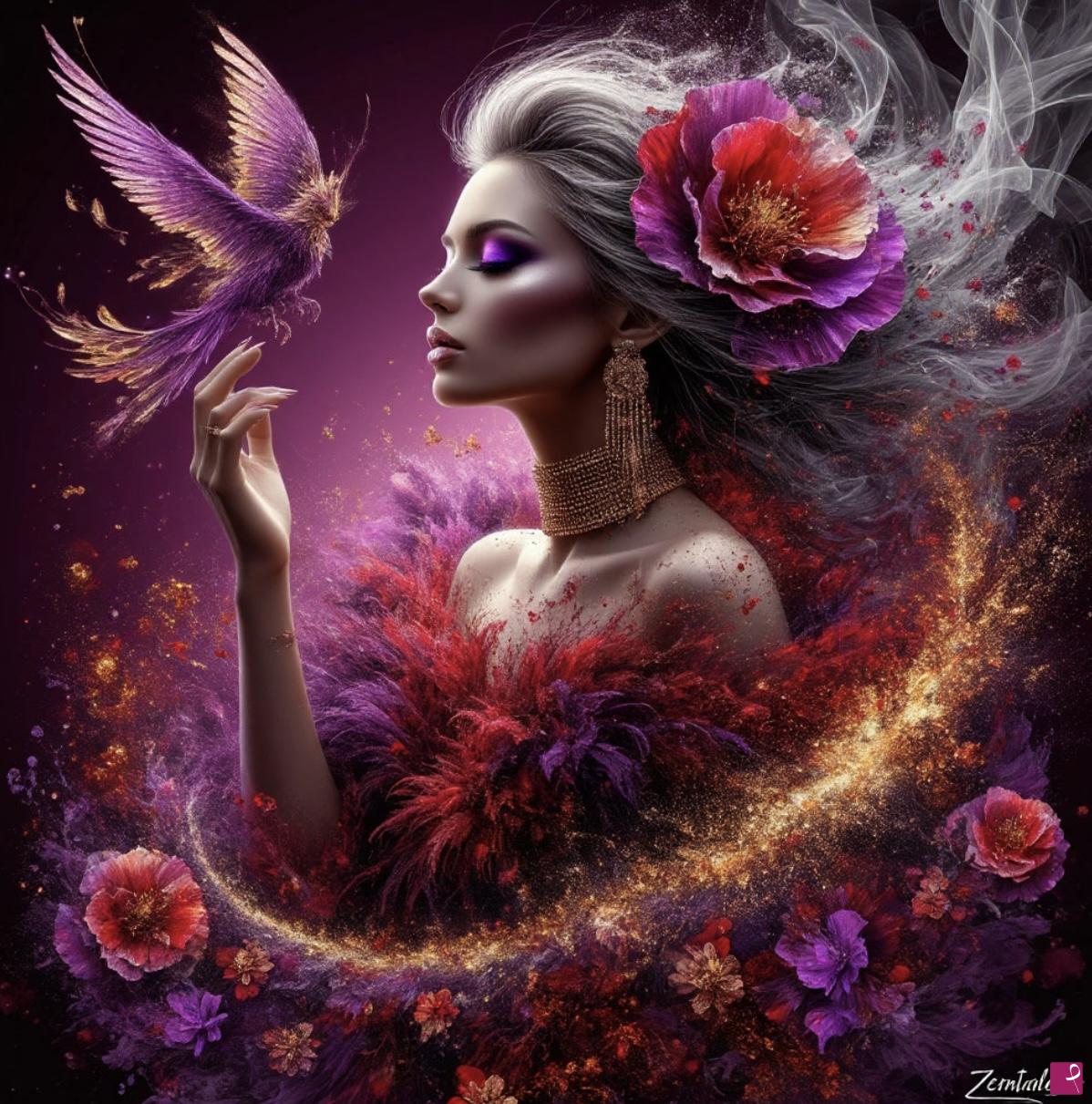 quadri in vendita online - Women, bird, flower, feathers