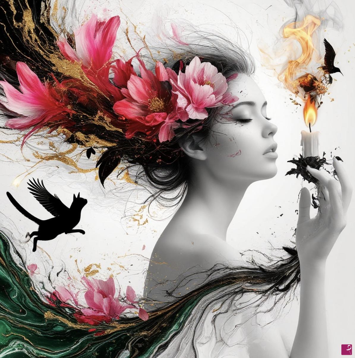 quadri in vendita online - Women, candle and flowers, fly cat