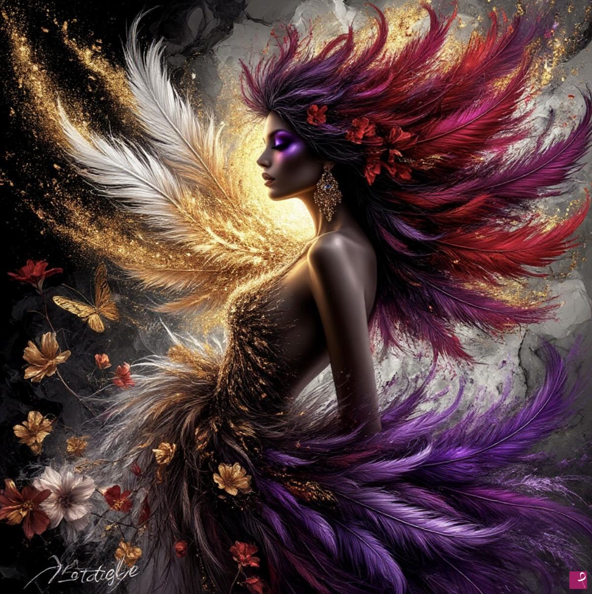 quadri in vendita online - Women, feathers, flowers 2