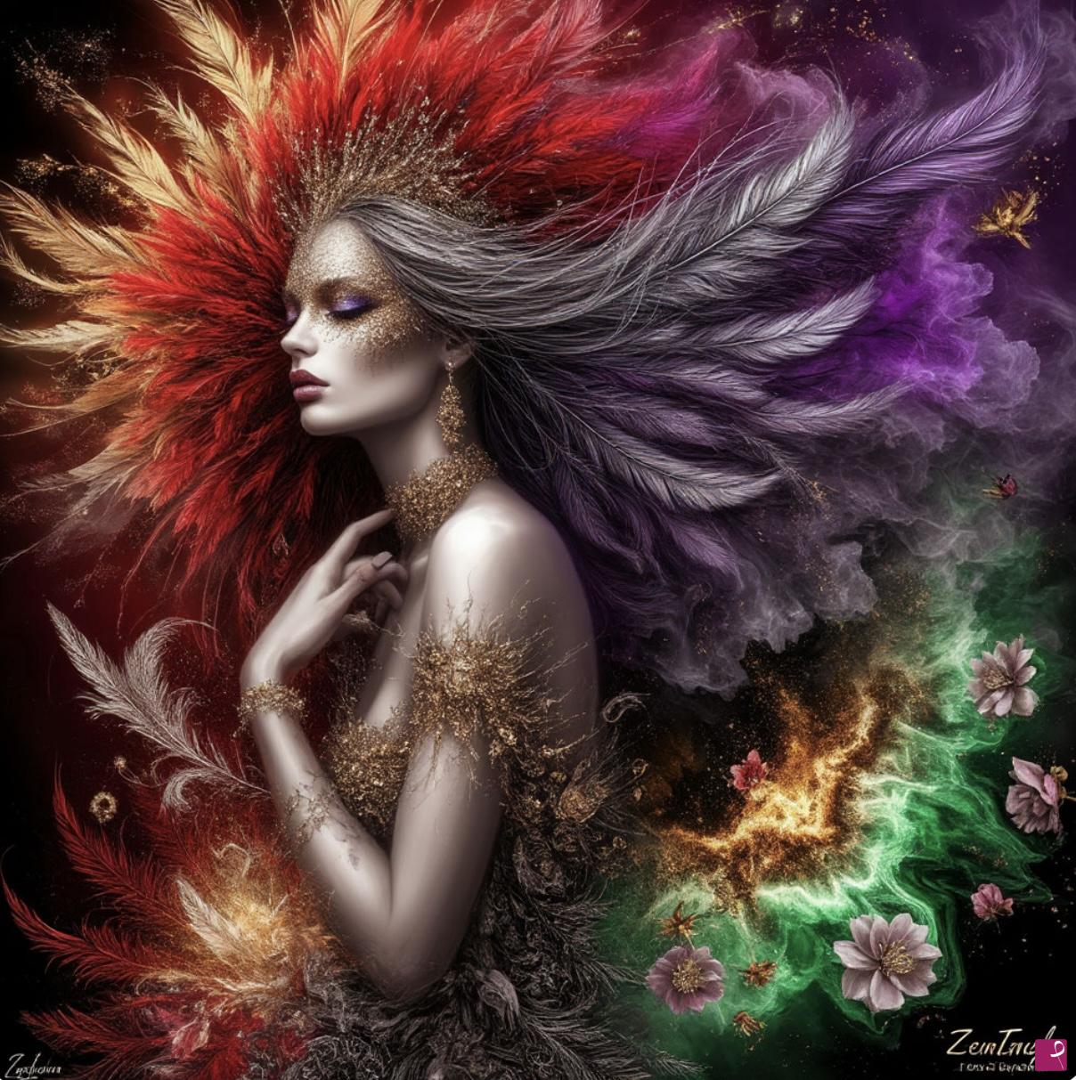 quadri in vendita online - Women, feathers, flowers 